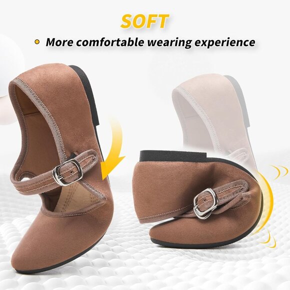 Babudog Womens Brown Faux Suede Rounded Toe Ankle Strap With Buckle Flats - Picture 3 of 9